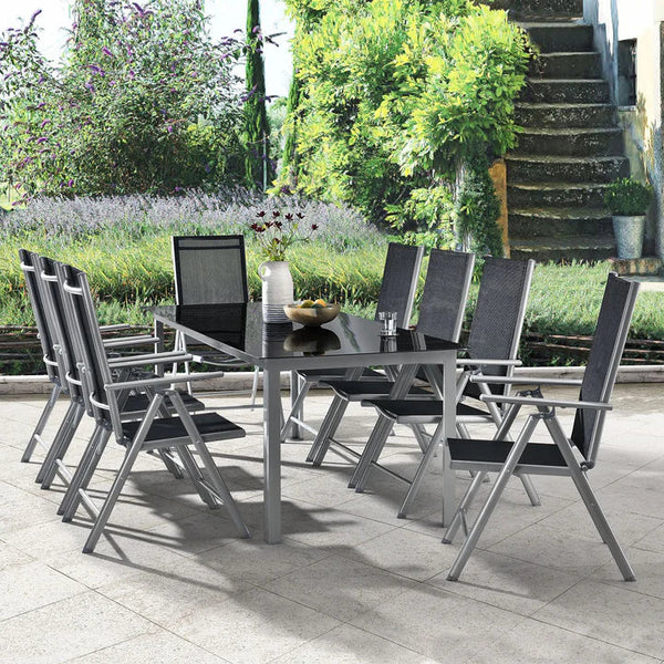Aluminium Gartengarnitur Milano 9-teilig mit Tisch und 8 Stühlen silbergrau