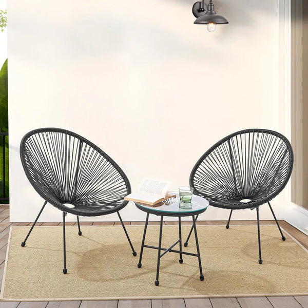 Balkonmöbel Set Ostana 3-teilig Schwarz Sitzgruppe im Retro-Design mit Tisch & 2 Sesseln