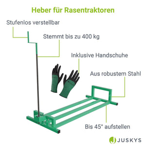 Rasentraktorheber mit Handschuhen - Grün