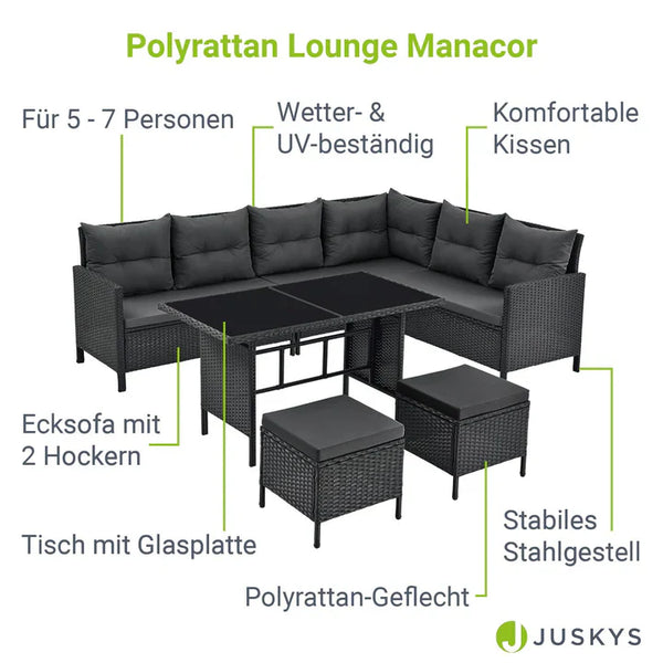Polyrattan Lounge Manacor Gartenmöbel-Set Schwarz/Grau