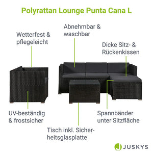Polyrattan Lounge / Sitzgarnitur Punta Cana L schwarz mit Bezügen in Dunkelgrau