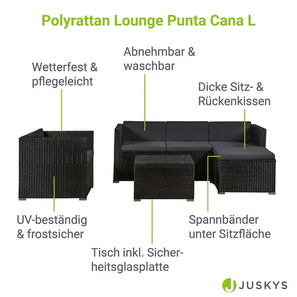 Polyrattan Lounge / Sitzgarnitur Punta Cana L schwarz mit Bezügen in Dunkelgrau