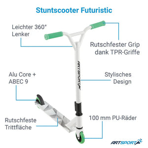 Stunt Scooter Futuristic in Weiss Grün Trick Roller mit 360° Lenkung