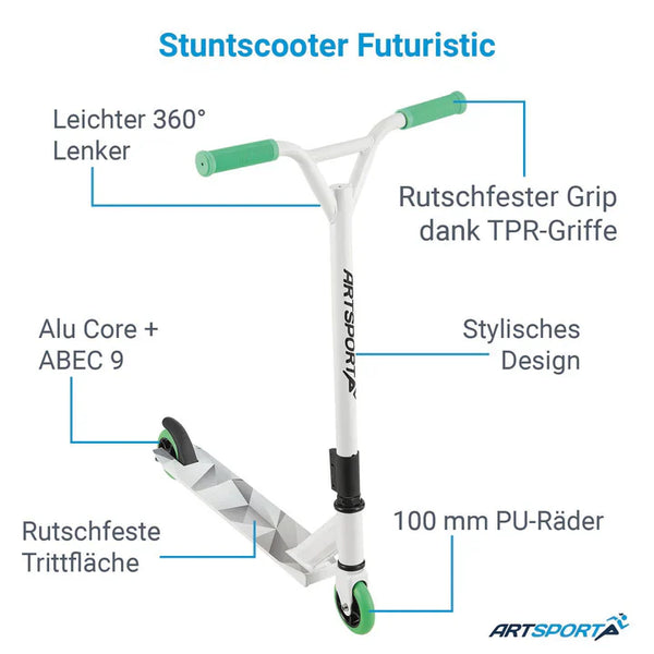 Stunt Scooter Futuristic in Weiss Grün Trick Roller mit 360° Lenkung