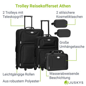 Trolley Kofferset Athen - Schwarz 5-teiliges Set mit 2 Trolleys, Umhänge- und 2 Kosmetiktaschen