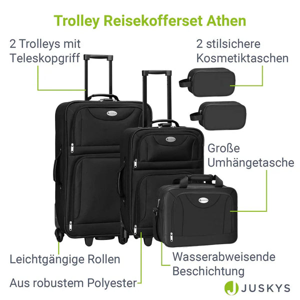Trolley Kofferset Athen - Schwarz 5-teiliges Set mit 2 Trolleys, Umhänge- und 2 Kosmetiktaschen