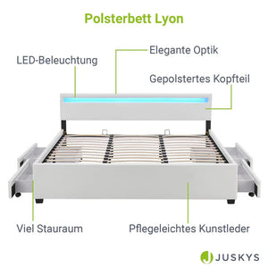 LED Polsterbett Lyon mit Bettkasten 180x200 cm mit Lattenrost weiss