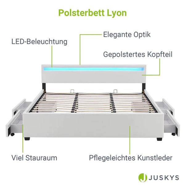 LED Polsterbett Lyon mit Bettkasten 180x200 cm mit Lattenrost weiss