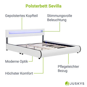 Polsterbett Sevilla 180 x 200 cm LED-Beleuchtung und Lattenrost weiss