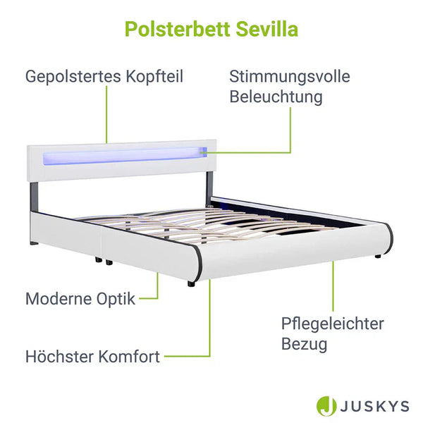 Polsterbett Sevilla 180 x 200 cm LED-Beleuchtung und Lattenrost weiss