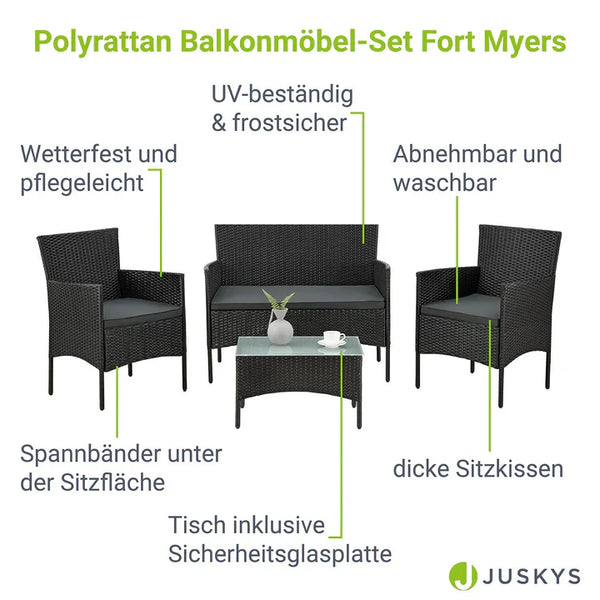Polyrattan Sitzgruppe Fort Myers schwarz und dunkelgraue Bezüge