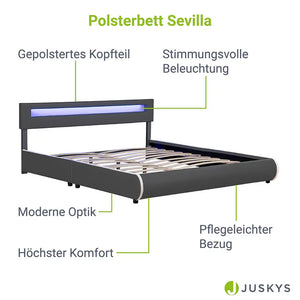 Polsterbett Sevilla 180x200 cm LED-Beleuchtung & Lattenrost Dunkelgrau