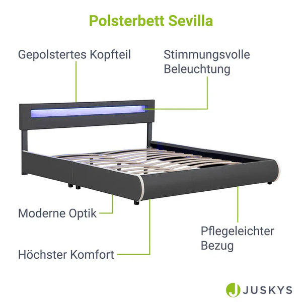 Polsterbett Sevilla 180x200 cm LED-Beleuchtung & Lattenrost Dunkelgrau