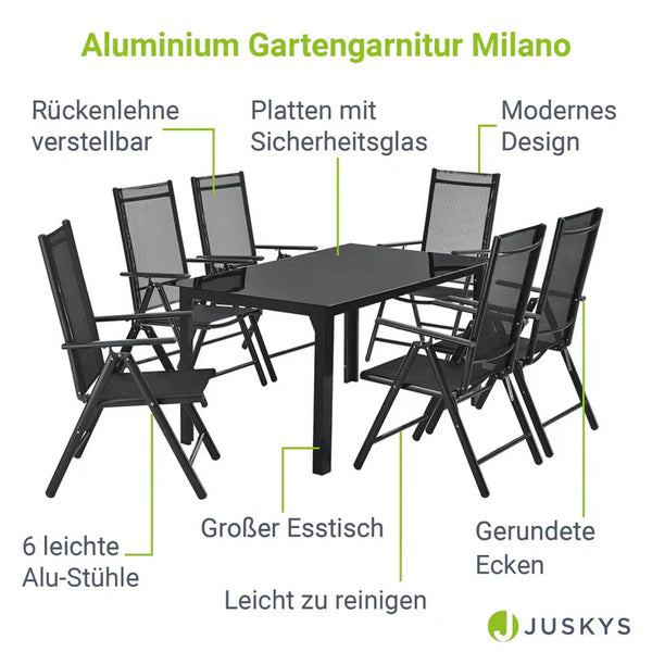 Aluminium Gartengarnitur Milano 7-teilig mit Tisch und 6 Stühlen dunkelgrau