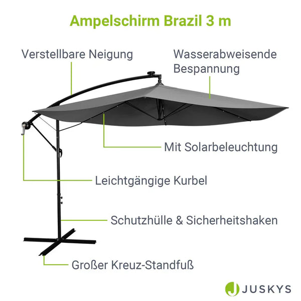 Ampelschirm Brazil Ø 3,0m mit LED, Kurbel und Standfuß in dunkelgrau