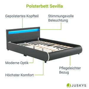 LED Polsterbett Sevilla 140x200 cm Lattenrost dunkelgrau