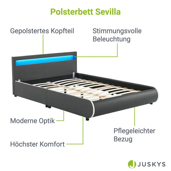 LED Polsterbett Sevilla 140x200 cm Lattenrost dunkelgrau