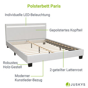 LED Polsterbett Paris 140 x 200 cm mit Lattenrost weiss