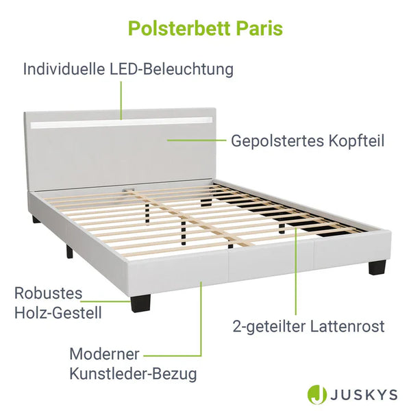 LED Polsterbett Paris 140 x 200 cm mit Lattenrost weiss
