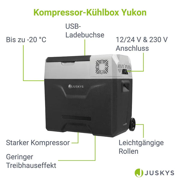 Kompressor Kühlbox Yukon 50 l mit 12/24 & 230 V Anschluss, App-Steuerung und USB-Ladebuchse - Grau