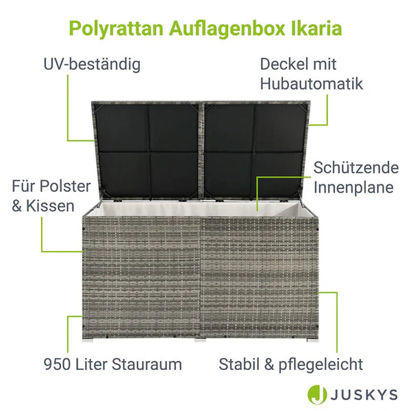 Polyrattan Auflagenbox Ikaria grau mit Deckel 950 Liter