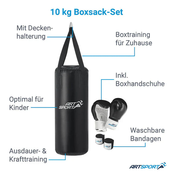 Boxsack Set 10 kg für Kinder mit Boxhandschuhen