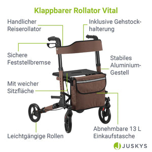 Aluminium Rollator Vital klappbar mit Sitzfläche & Einkaufstasche in braun
