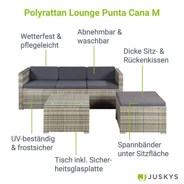 Polyrattan Lounge Punta Cana M grau-meliert und dunkelgraue Bezüge