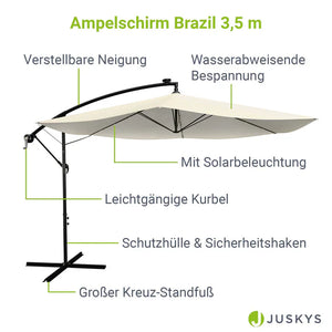 Ampelschirm Brazil Ø 3,5m mit LED, Kurbel und Standfuß in dunkelgrau und creme