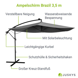 Ampelschirm Brazil Ø 3,5m mit LED, Kurbel und Standfuß in dunkelgrau