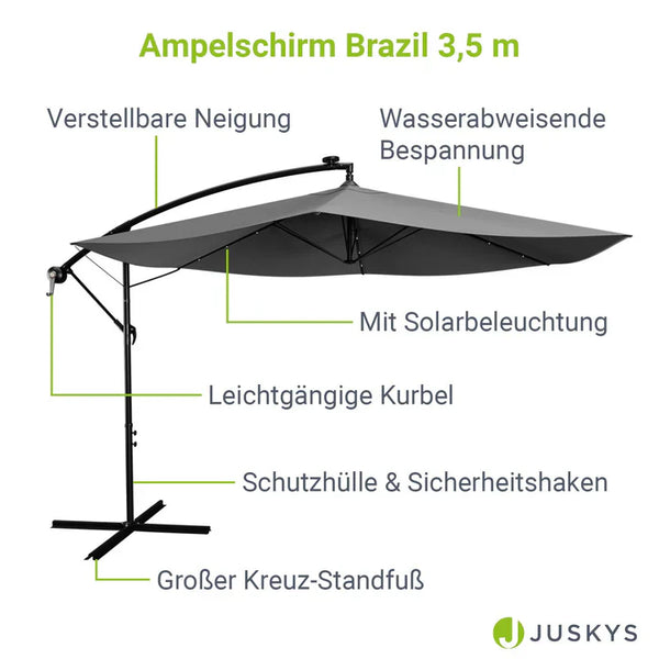 Ampelschirm Brazil Ø 3,5m mit LED, Kurbel und Standfuß in dunkelgrau