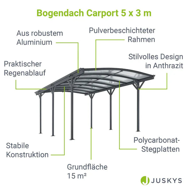Carport mit Bogendach Stellplatz 5 x 3 m in Dunkelgrau