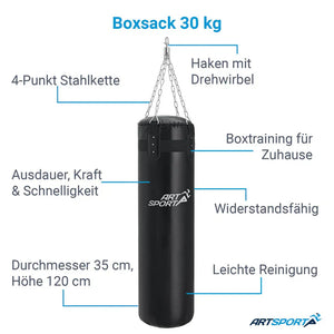 Boxsack 30kg mit 4-Punkt Stahlkette und Karabinerhaken