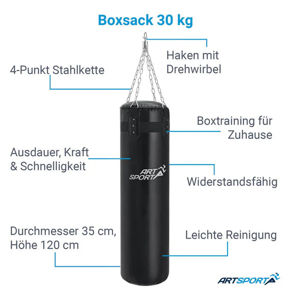 Boxsack 30kg mit 4-Punkt Stahlkette und Karabinerhaken