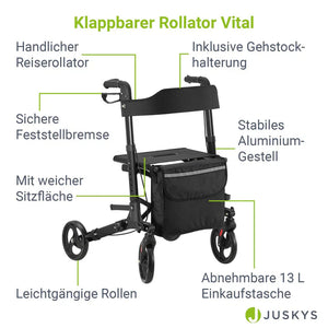 Aluminium Rollator Vital klappbar mit Sitzfläche & Einkaufstasche in schwarz
