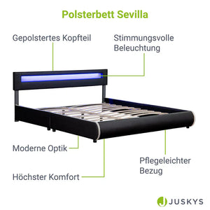 LED Polsterbett Sevilla 180x200 cm mit Lattenrost schwarz