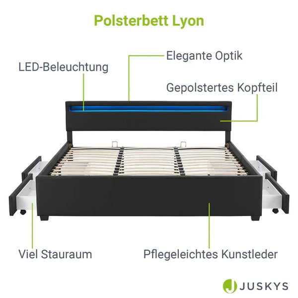 Polsterbett Lyon mit Bettkasten 180 x 200 cm LED-Beleuchtung und Lattenrost schwarz