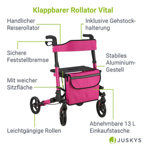 Aluminium Rollator Vital klappbar mit Sitzfläche & Einkaufstasche in lila