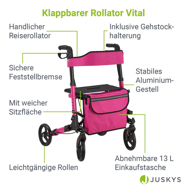 Aluminium Rollator Vital klappbar mit Sitzfläche & Einkaufstasche in lila