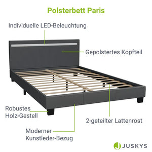 LED Polsterbett Paris 140x200 cm mit Lattenrost Dunkelgrau