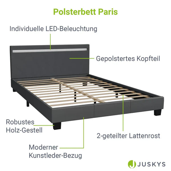 LED Polsterbett Paris 140x200 cm mit Lattenrost Dunkelgrau