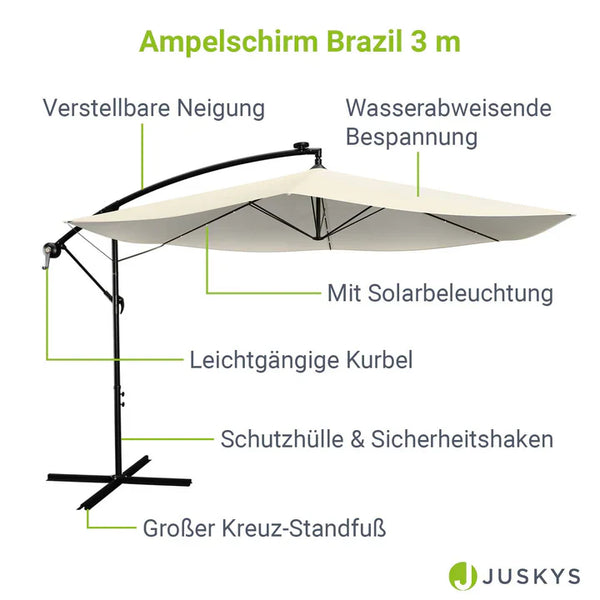 Ampelschirm Brazil Ø 3,0m mit LED, Kurbel und Standfuß in dunkelgrau und creme