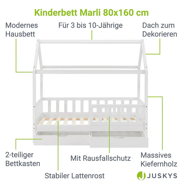 Kinderbett Marli 80 x 160 cm mit Bettkasten und Lattenrost Weiss