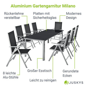Aluminium Gartengarnitur Milano 9-teilig mit Tisch und 8 Stühlen silbergrau