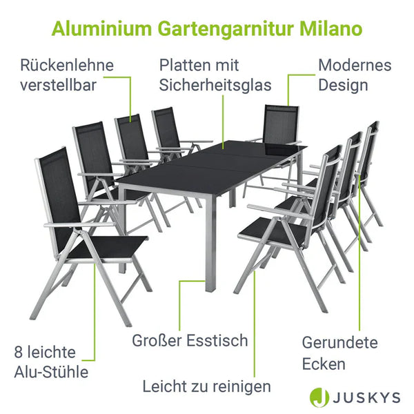 Aluminium Gartengarnitur Milano 9-teilig mit Tisch und 8 Stühlen silbergrau
