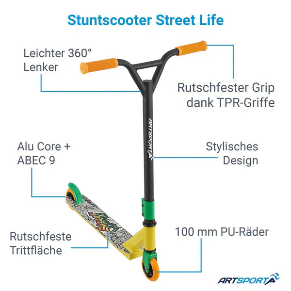 Stunt Scooter Street Life in Schwarz Gelb Trick Roller mit 360° Lenkung