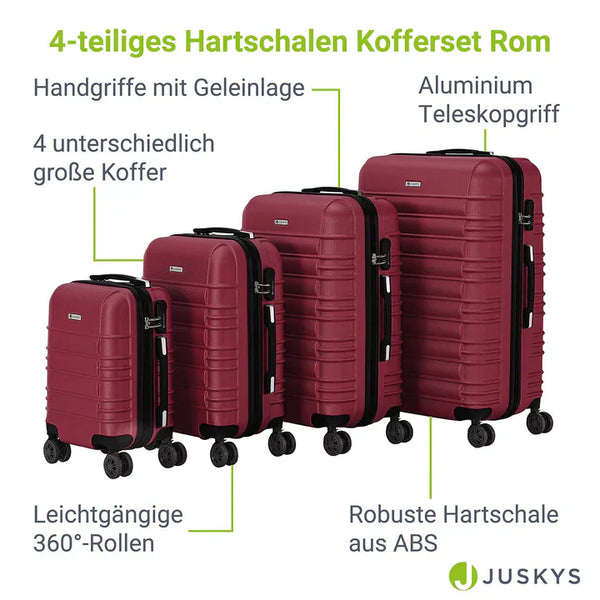 Hartschalen Kofferset Rom - Rot 4-teiliges Set mit schlagfester ABS-Hartschale und 360° Rollen