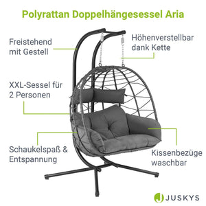 Polyrattan Doppel Hängesessel Aria mit Gestell - Grau