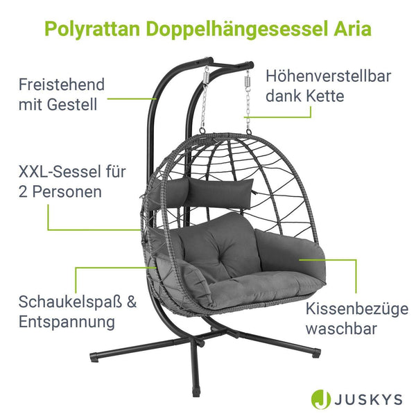 Polyrattan Doppel Hängesessel Aria mit Gestell - Grau