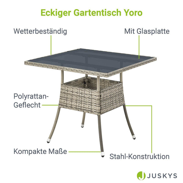 Eckiger Polyrattan Gartentisch Yoro 80x80 cm Grau